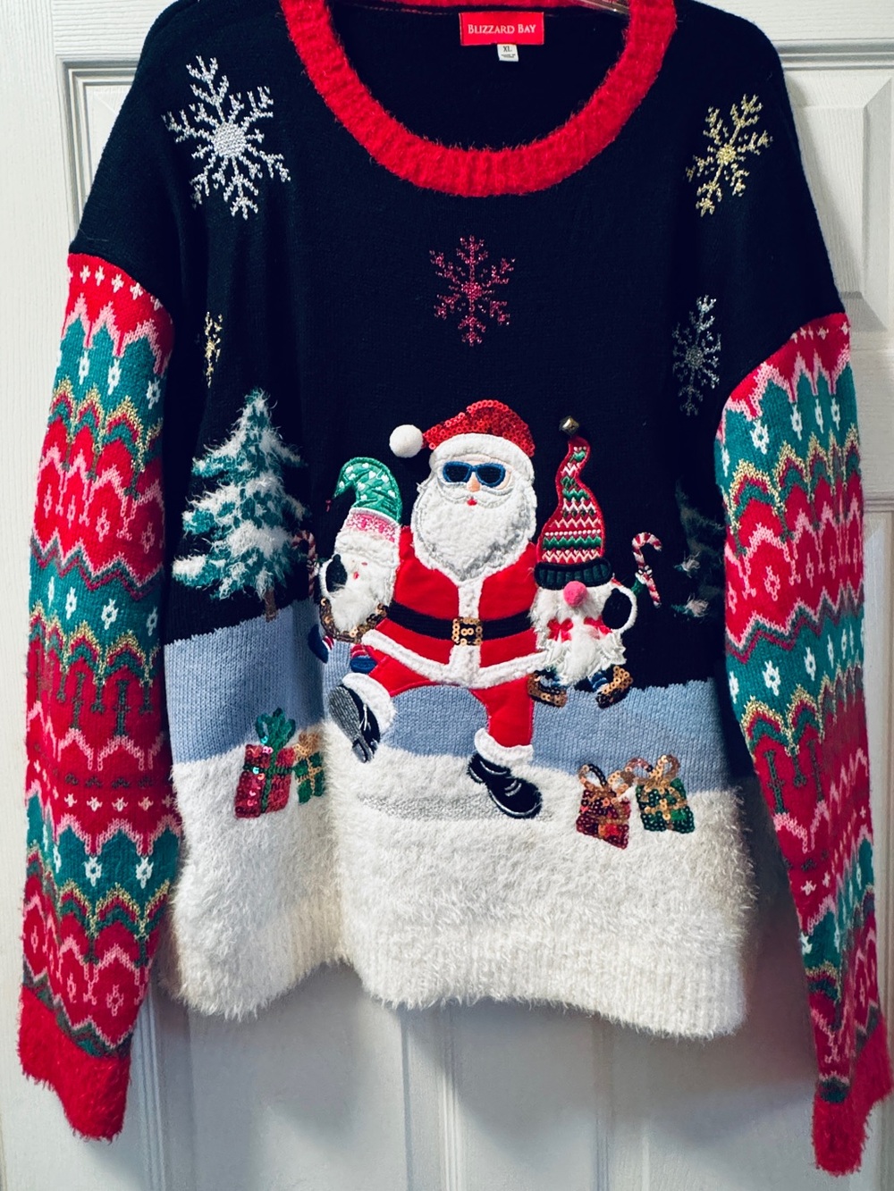 Blizzard Bay Women’s Black Santa Crewneck Holiday Sweater with Red Trim
